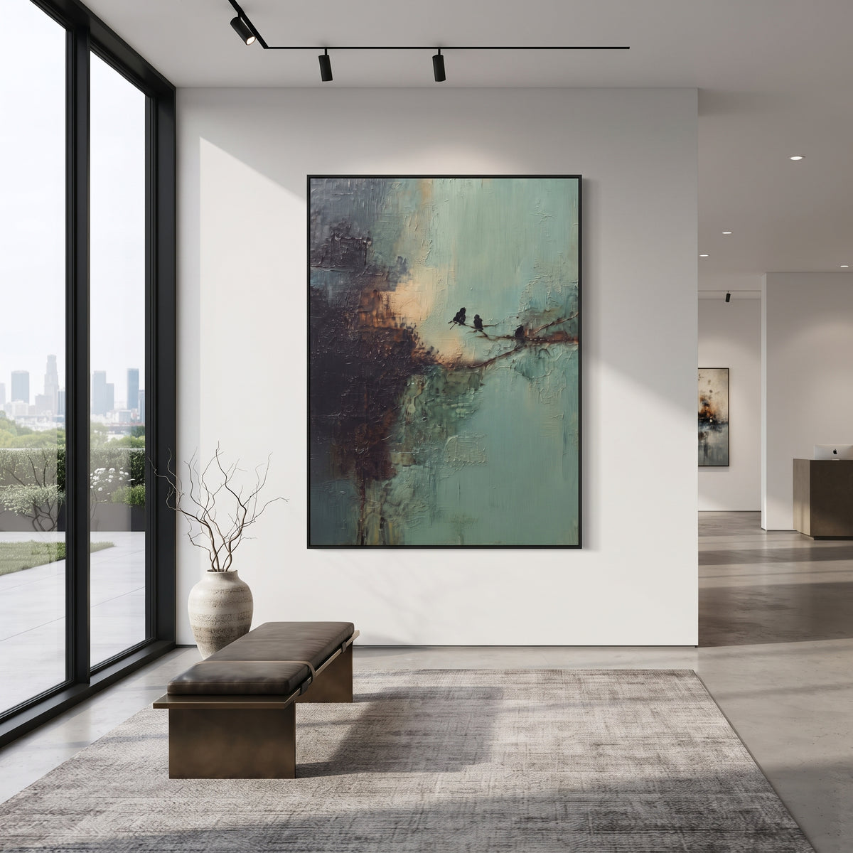 Two Birds Hold Dawn painting presented in an alternate room setting