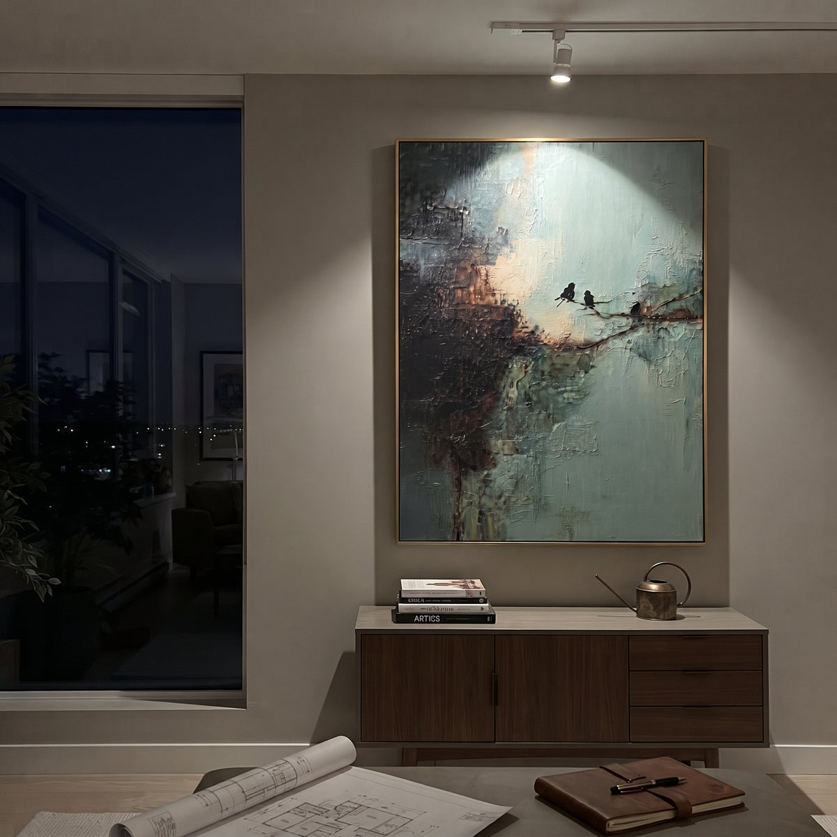 Two Birds Hold Dawn displayed with natural materials and quiet decor