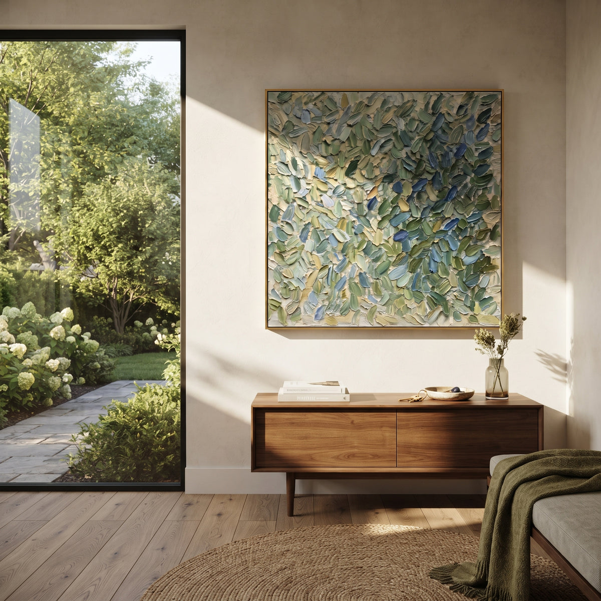 Sage Leaves Gather sage blue leaf texture painting displayed in a styled interior