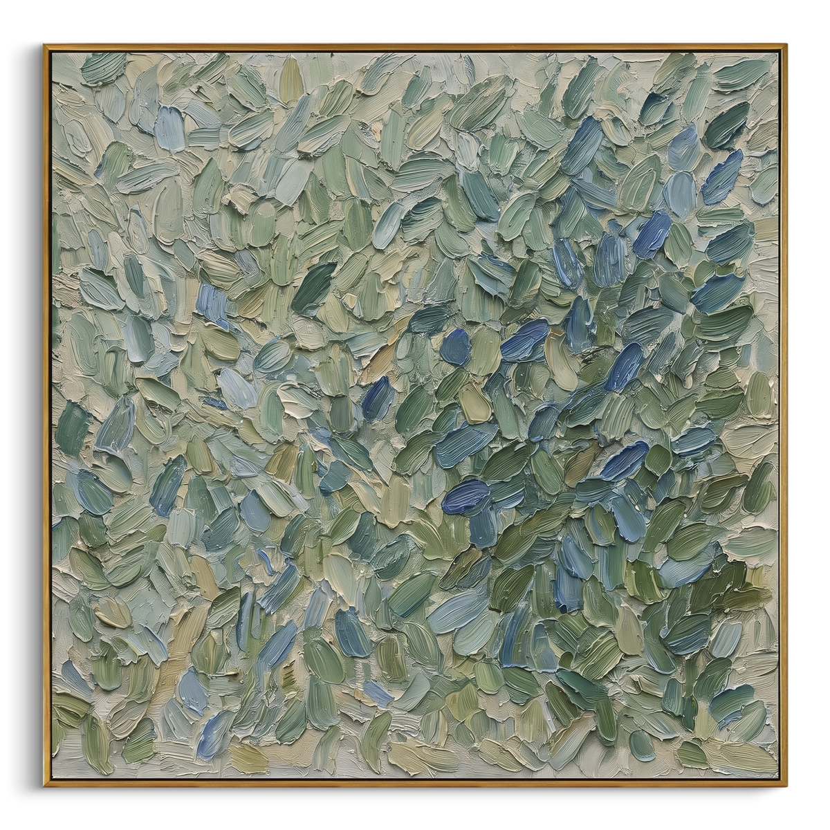 Sage Leaves Gather square painting in a wood frame on a white background