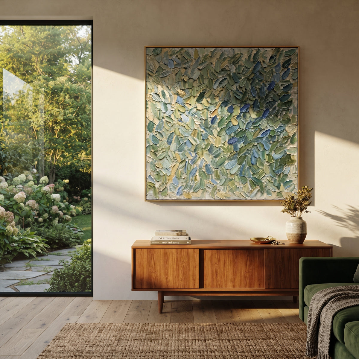 Sage Leaves Gather wall art shown above contemporary furnishings