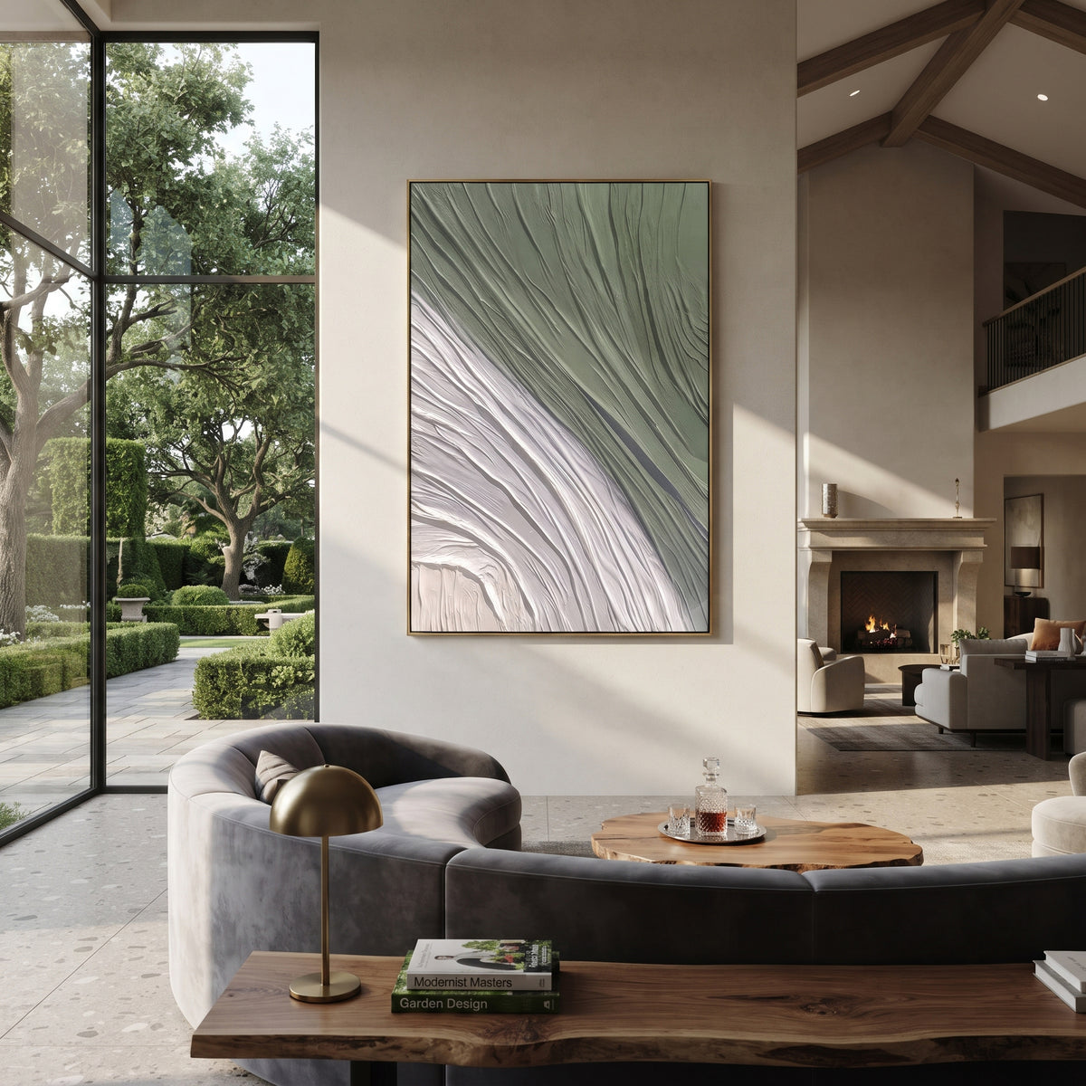 White Current Bends sage white flowing texture painting displayed in a styled interior