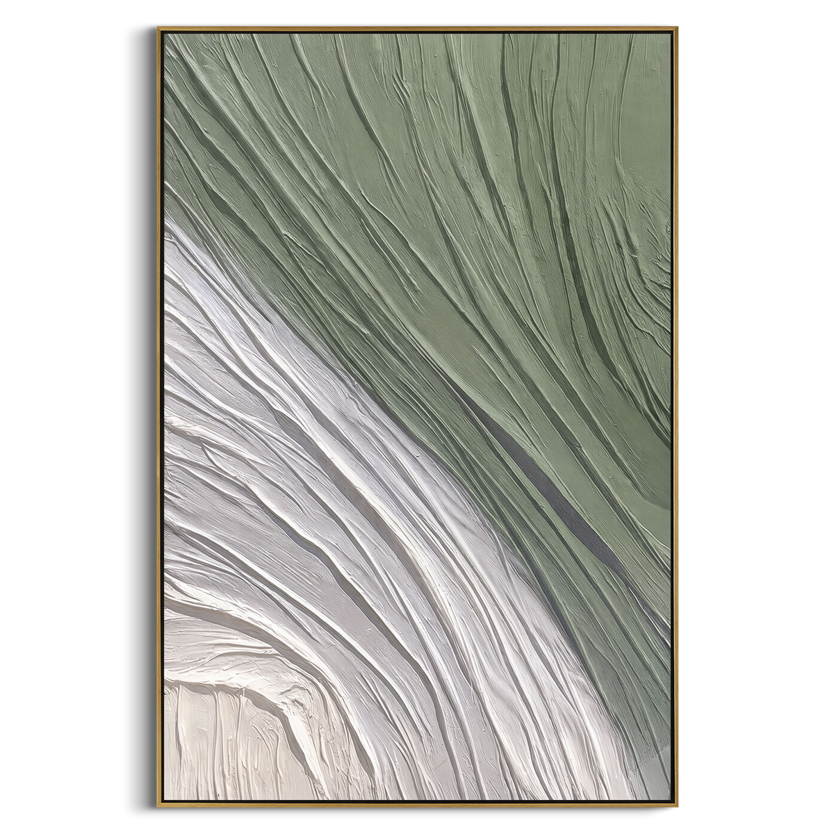 White Current Bends vertical painting in a wood frame on a white background