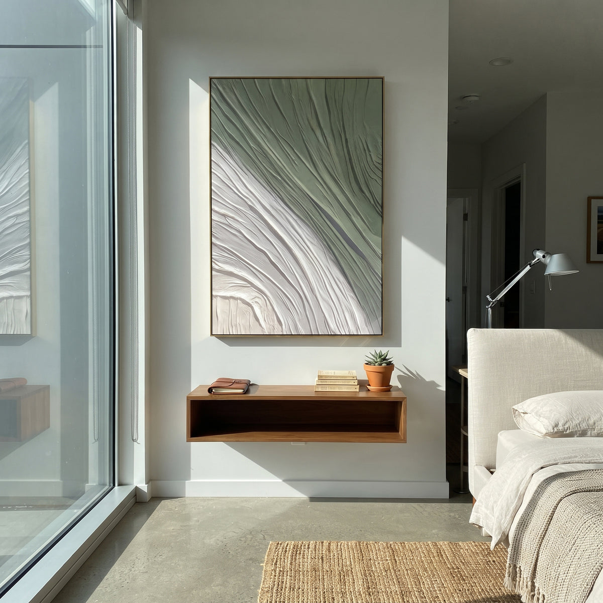 White Current Bends wall art shown above contemporary furnishings