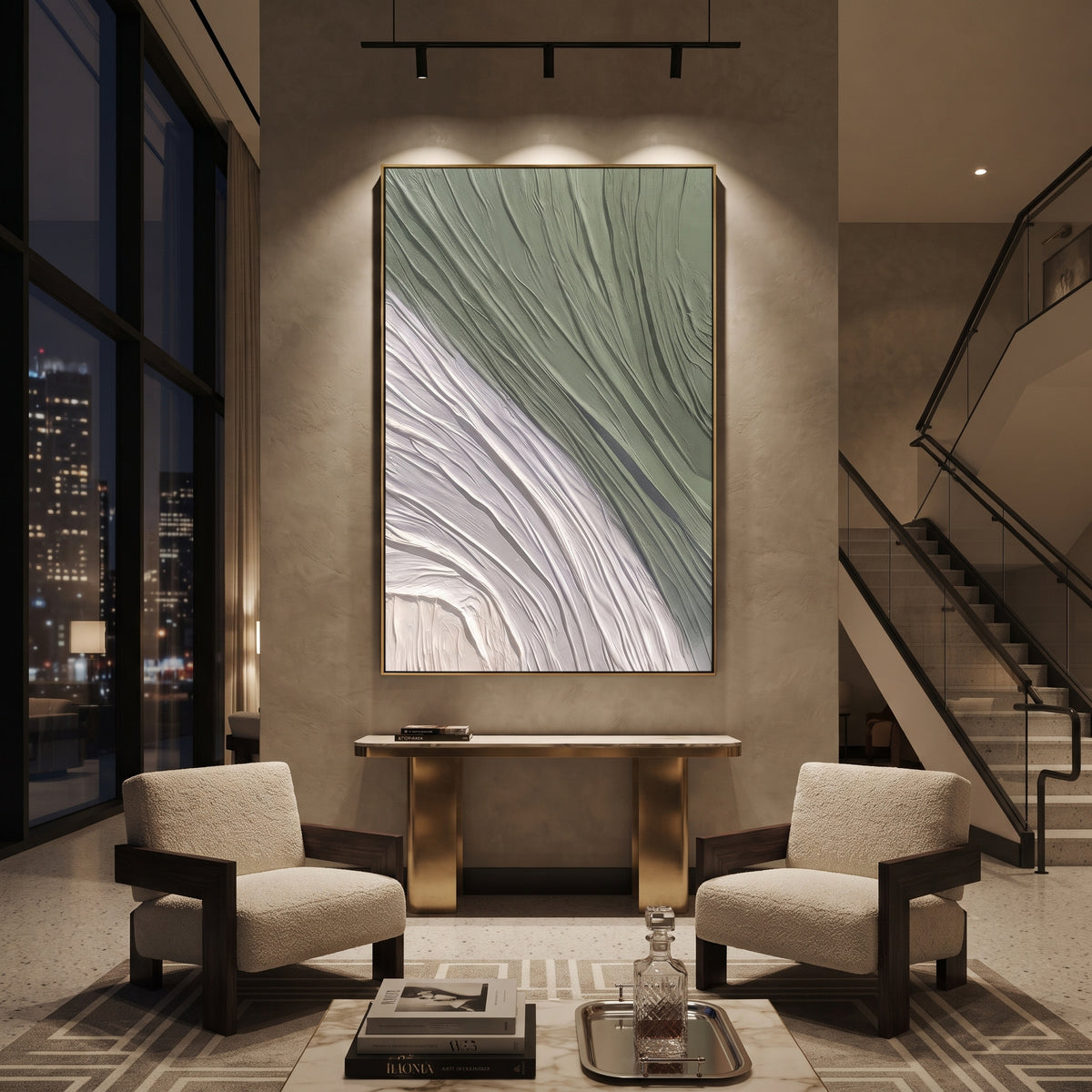 White Current Bends artwork styled as a refined interior focal point