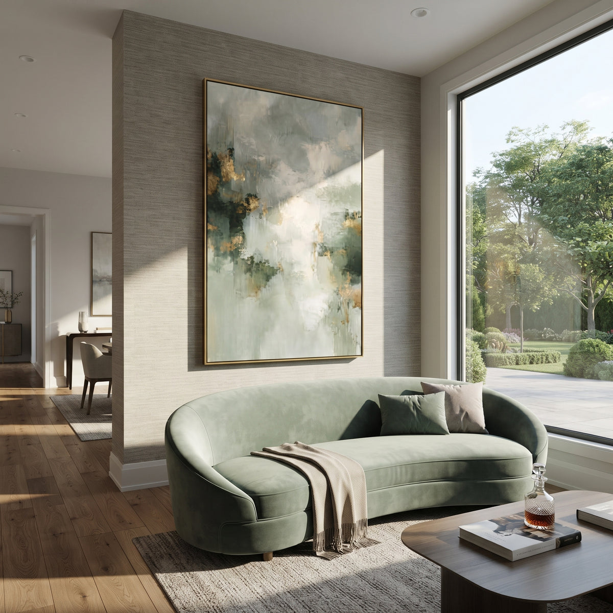 Light Breaks Through Sage sage white atmospheric abstract painting displayed in a styled interior
