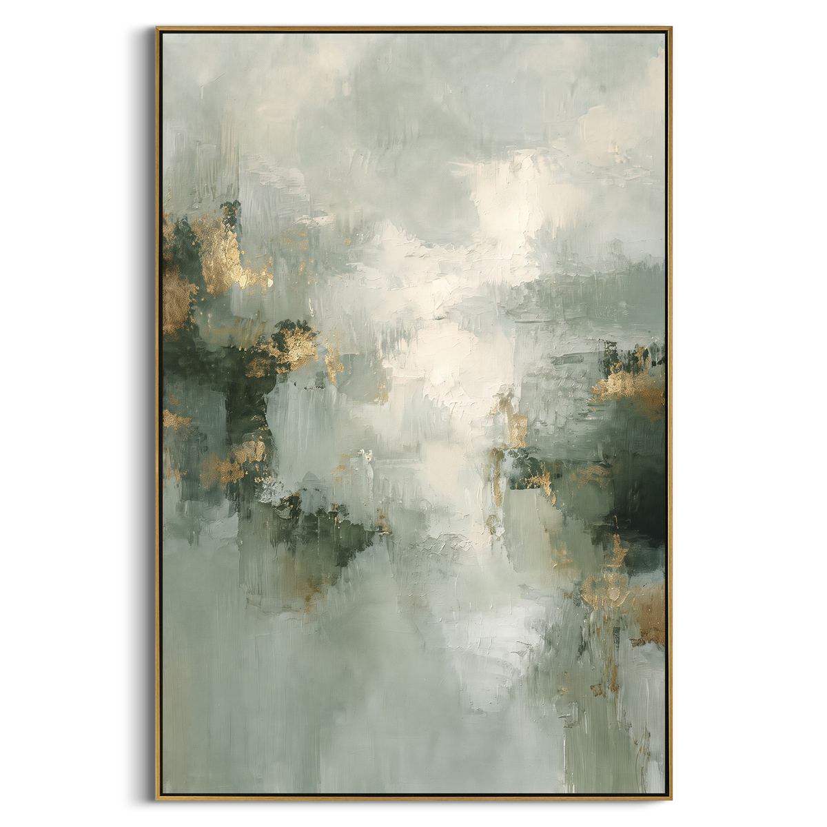 Light Breaks Through Sage vertical painting in a wood frame on a white background