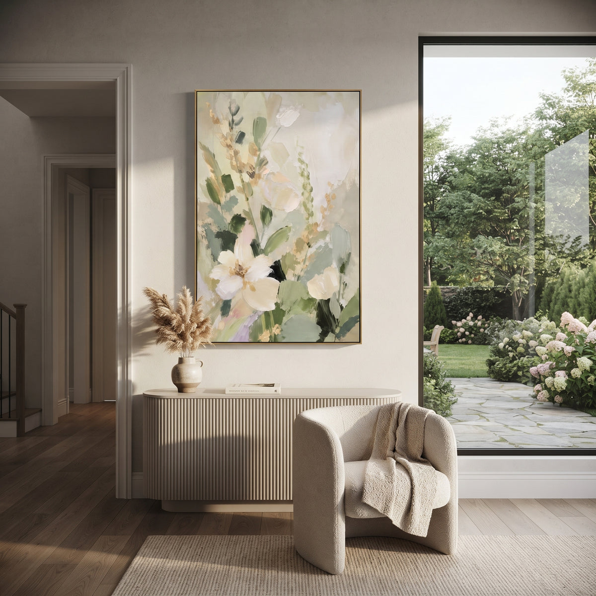 Garden Light Climbs white sage botanical painting displayed in a styled interior