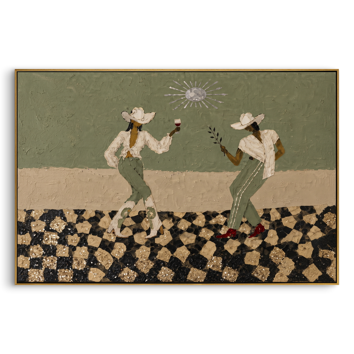Cowgirls Toast at Noon horizontal painting in a wood frame on a white background