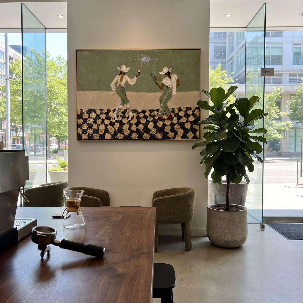 Cowgirls Toast at Noon wall art shown above contemporary furnishings