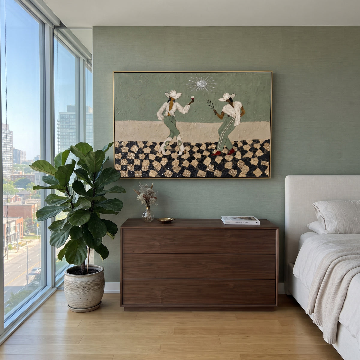 Cowgirls Toast at Noon painting presented in an alternate room setting