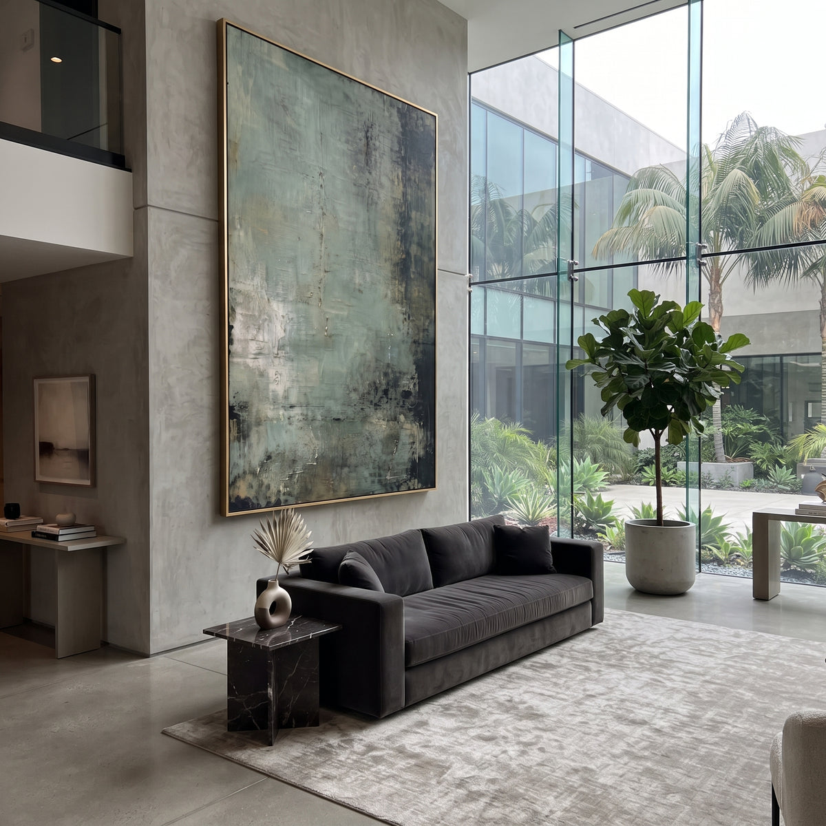 Night Edges the Mist dark sage textured abstract painting displayed in a styled interior