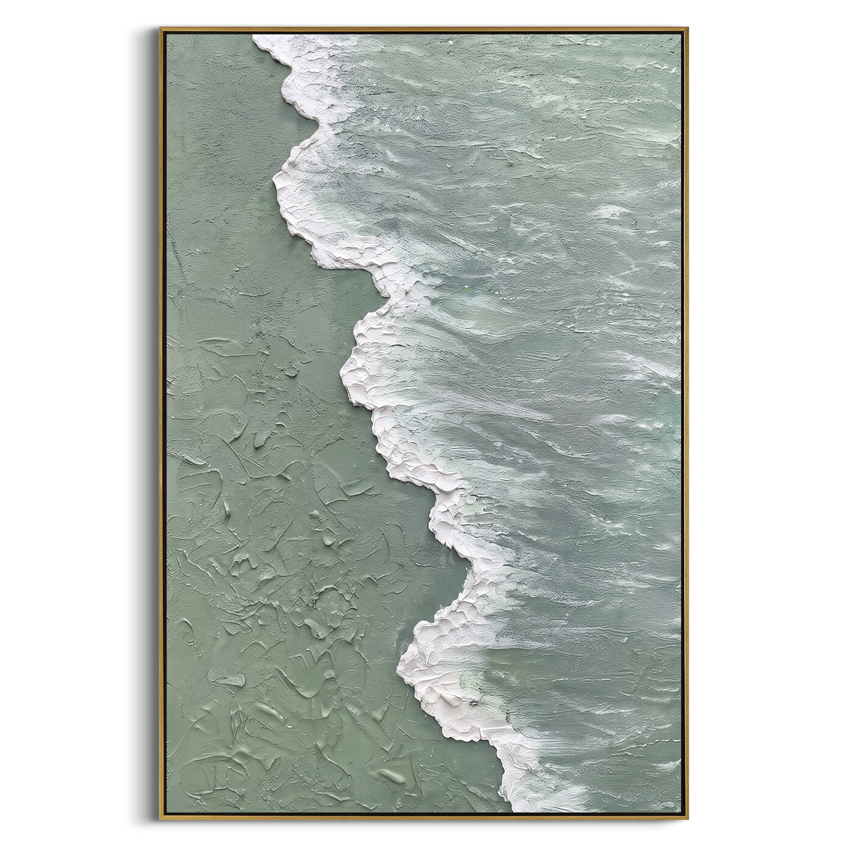 Foam Meets Sage Shore vertical painting in a wood frame on a white background