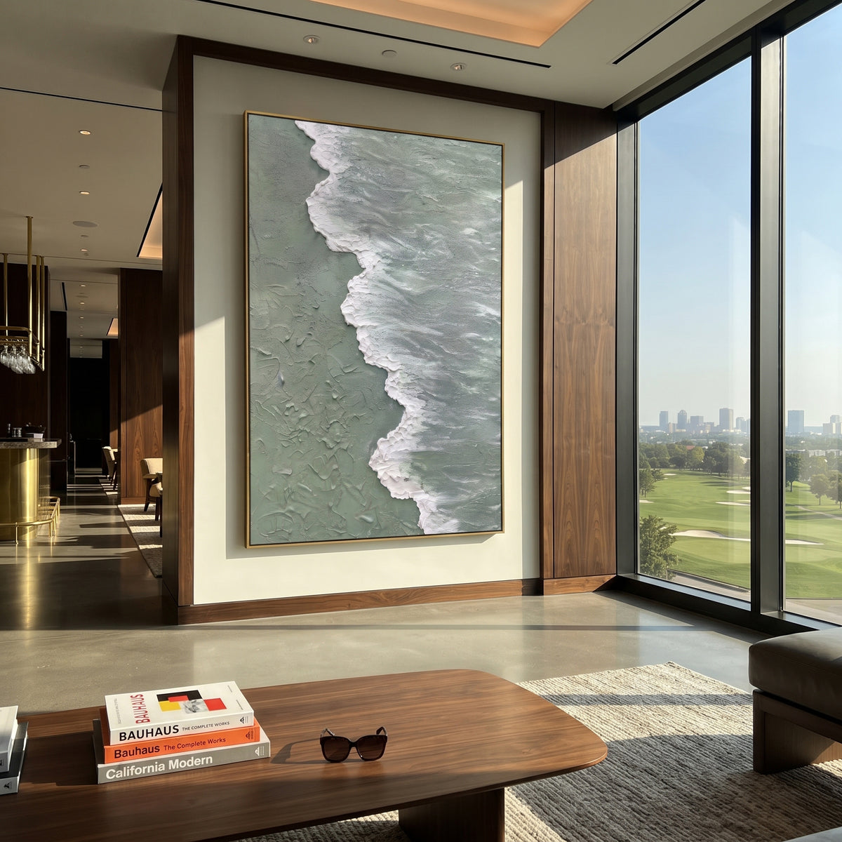 Foam Meets Sage Shore wall art shown above contemporary furnishings