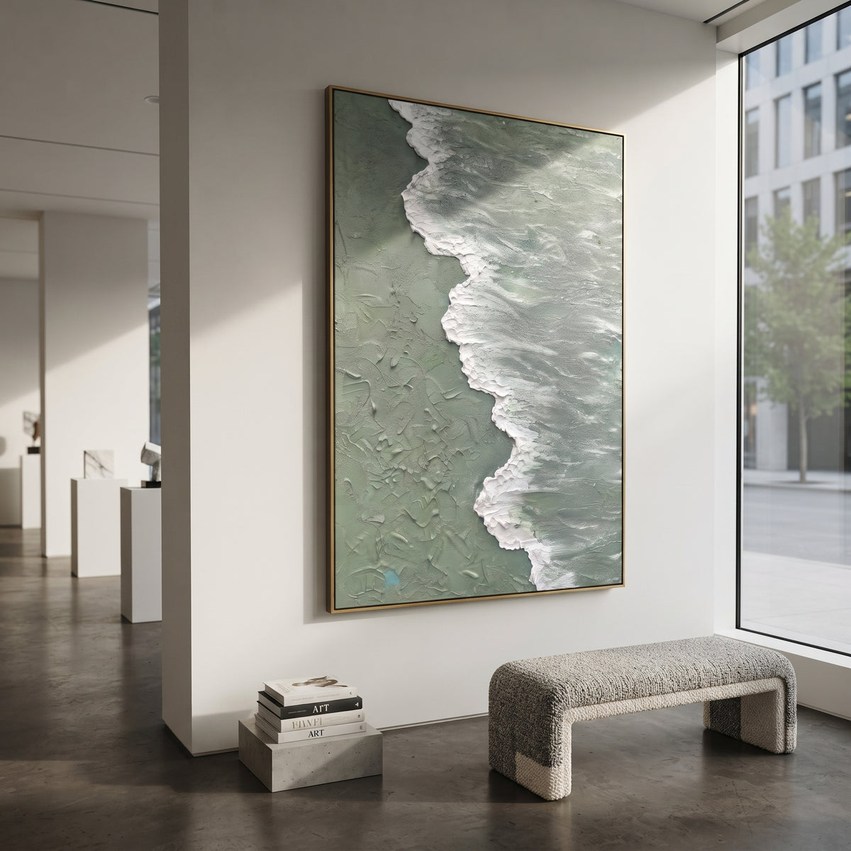 Foam Meets Sage Shore painting presented in an alternate room setting