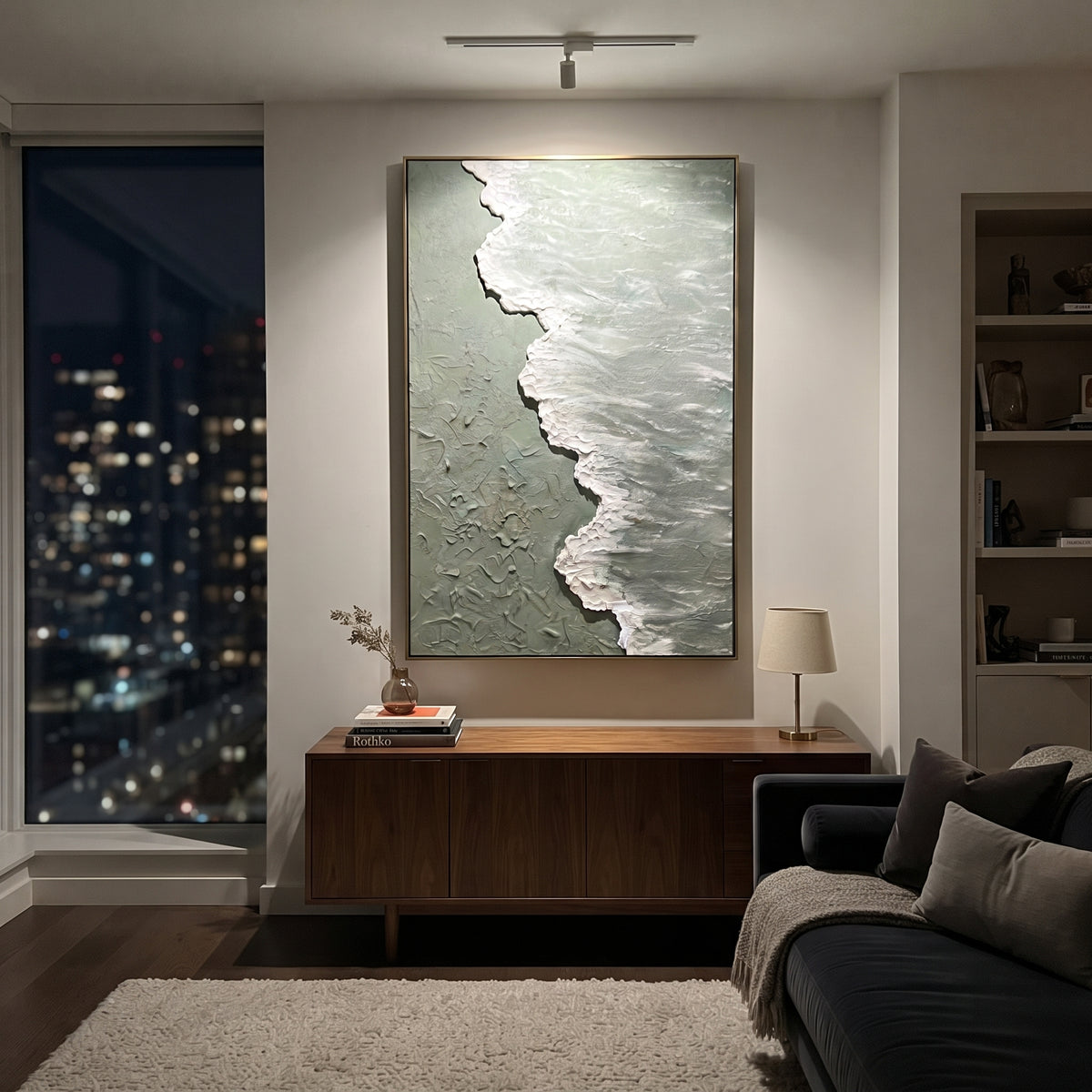 Foam Meets Sage Shore artwork styled as a refined interior focal point