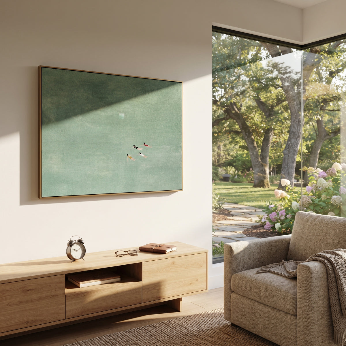 Swimmers Cross Open Water minimalist group swimming painting displayed in a styled interior