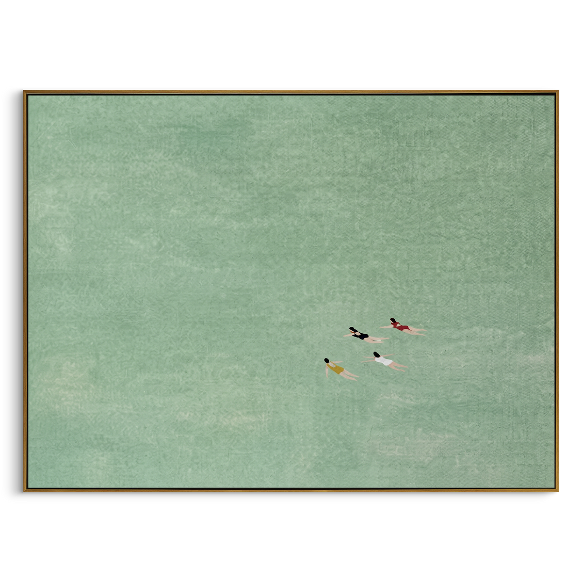Swimmers Cross Open Water horizontal painting in a wood frame on a white background