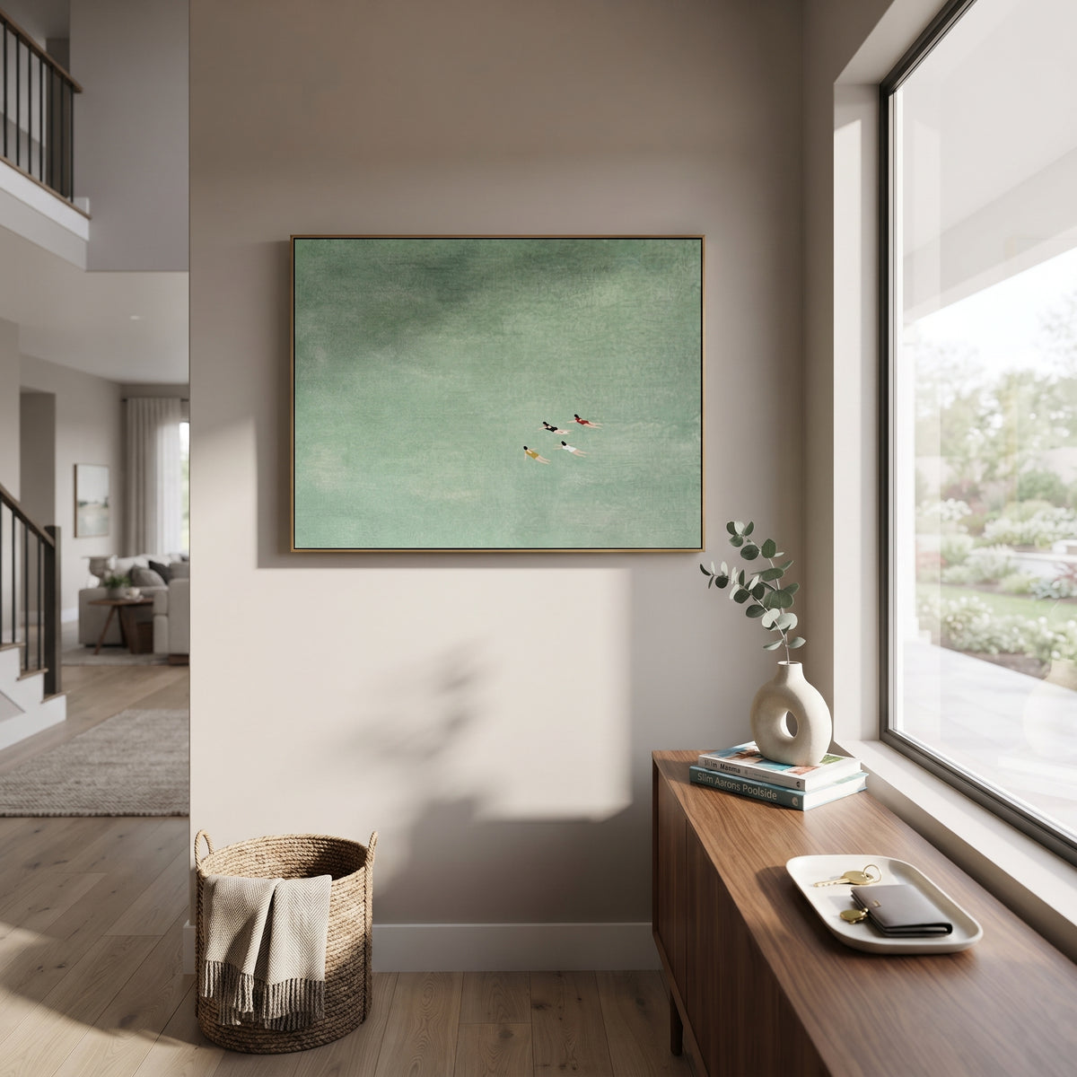 Swimmers Cross Open Water wall art shown above contemporary furnishings