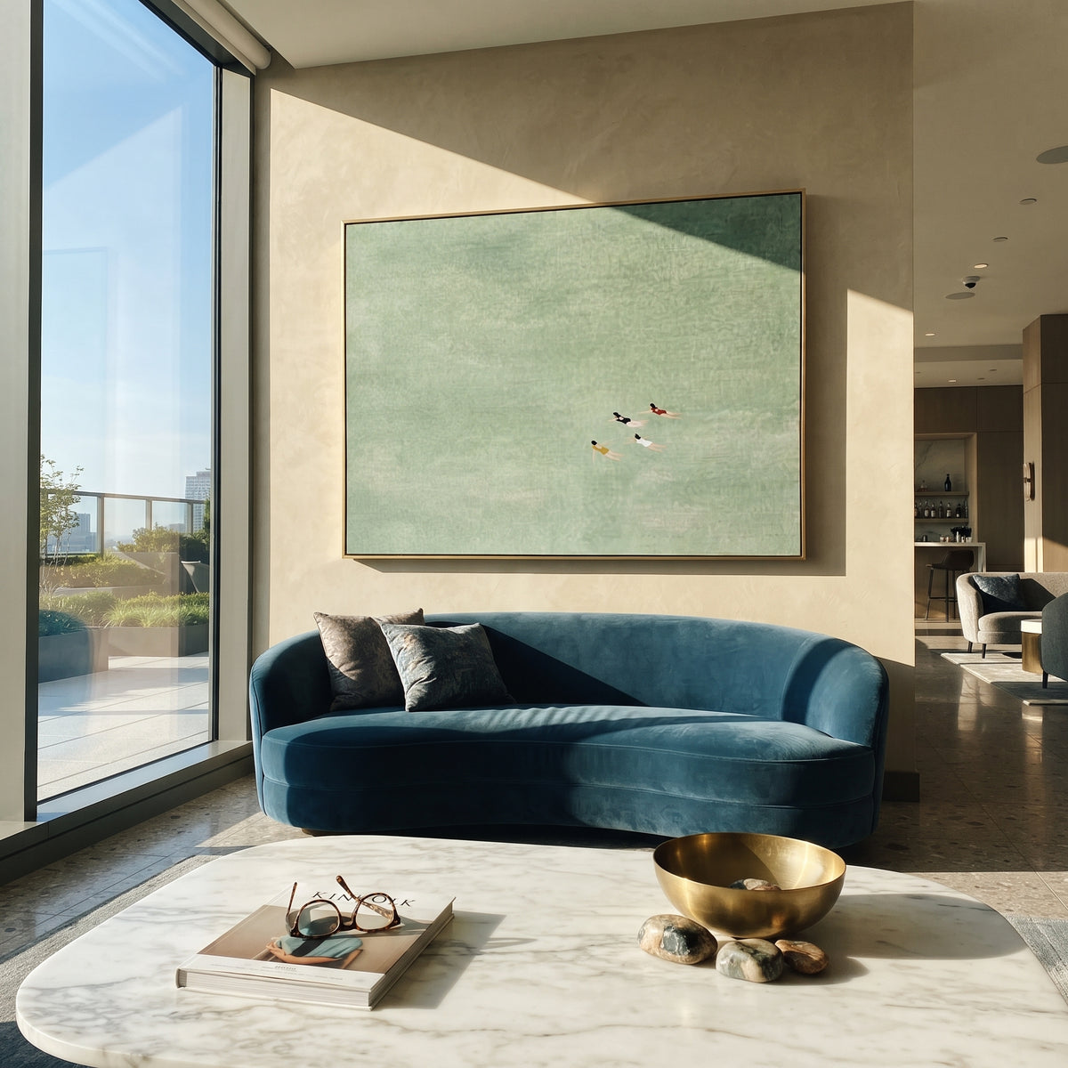 Swimmers Cross Open Water painting presented in an alternate room setting