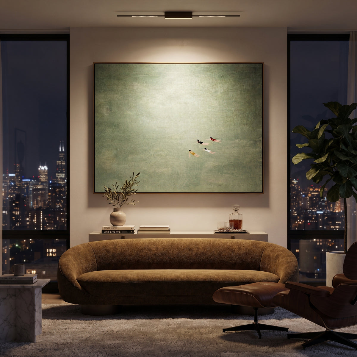 Swimmers Cross Open Water artwork styled as a refined interior focal point