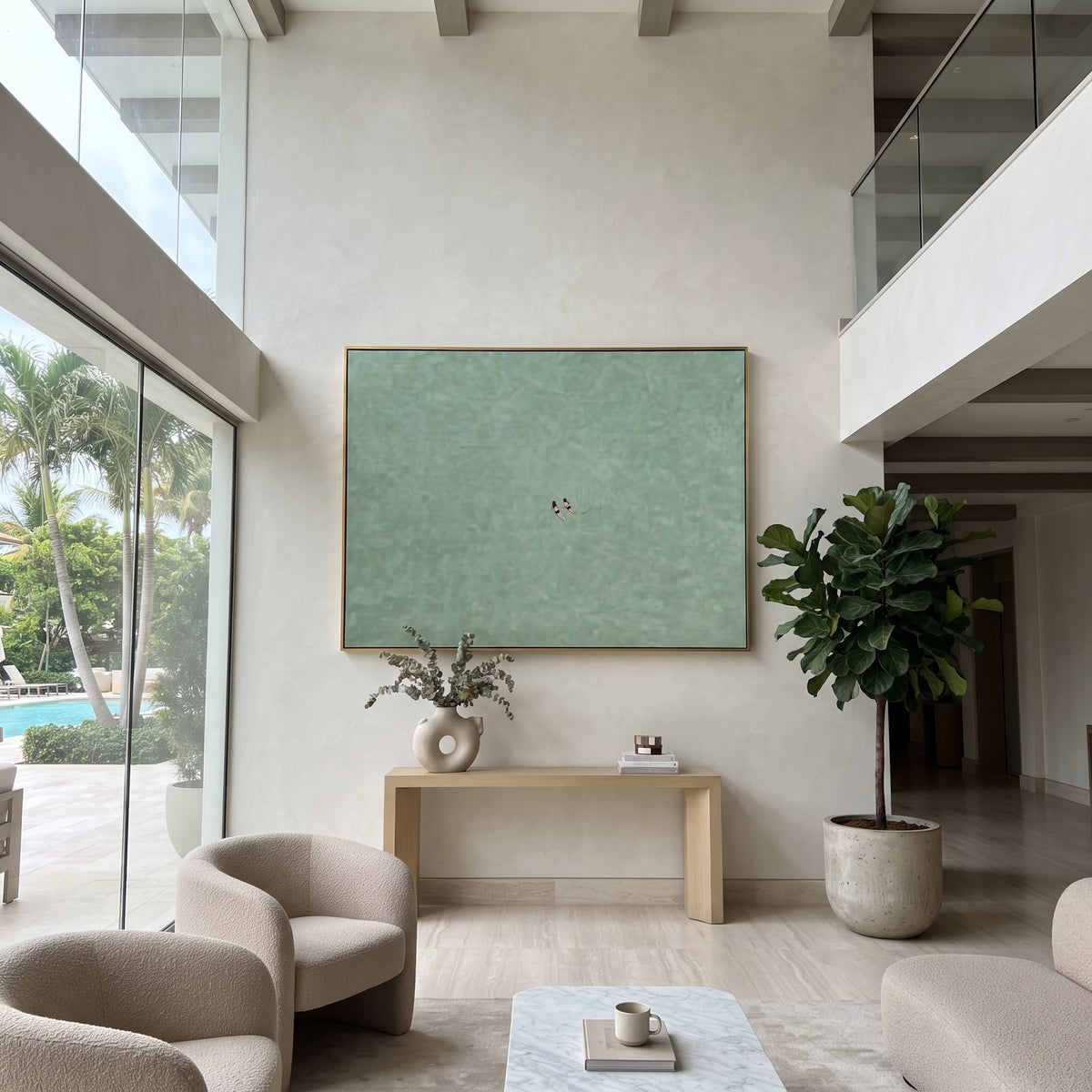 Two Figures Drift Far minimalist swimmer pair painting displayed in a styled interior