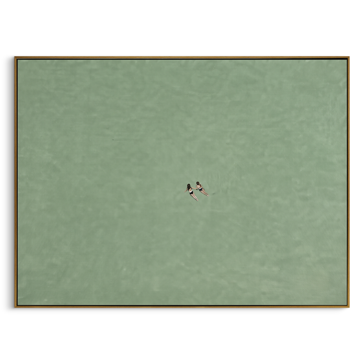 Two Figures Drift Far horizontal painting in a wood frame on a white background