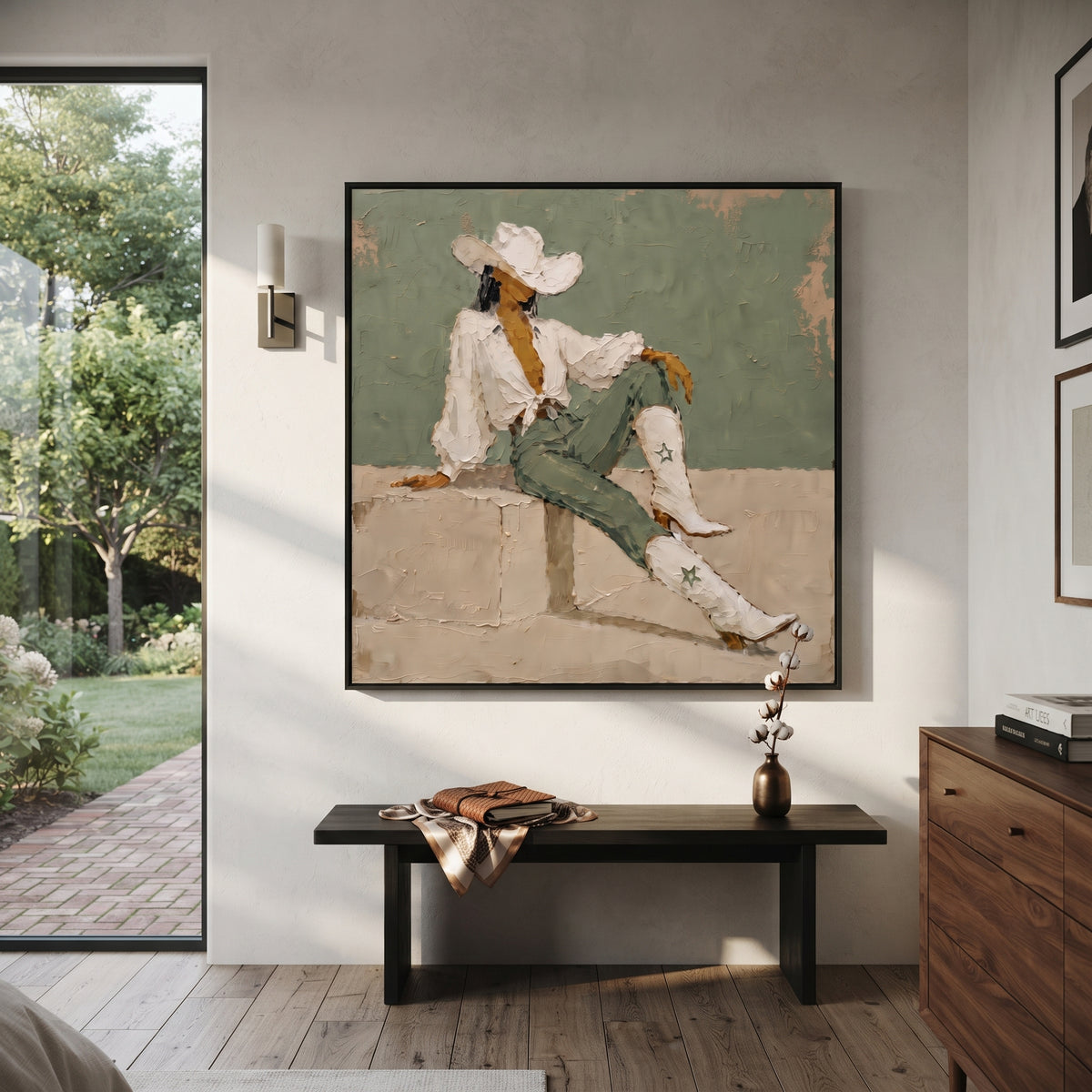 Cowgirl Rests in Sage seated western cowgirl painting displayed in a styled interior