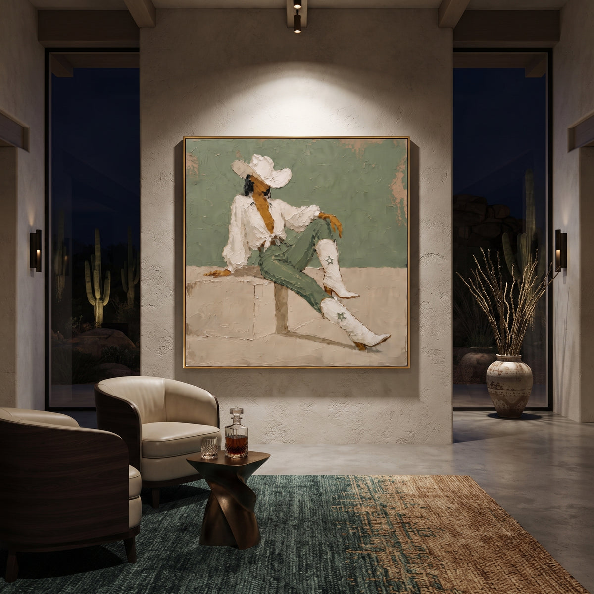 Cowgirl Rests in Sage artwork styled as a refined interior focal point