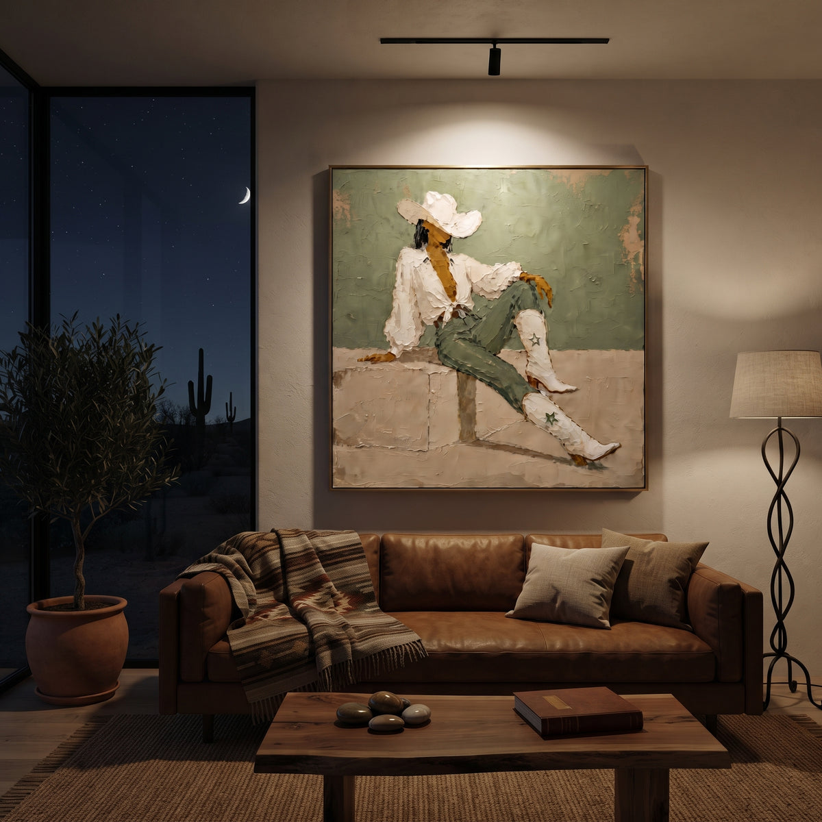 Cowgirl Rests in Sage displayed with natural materials and quiet decor