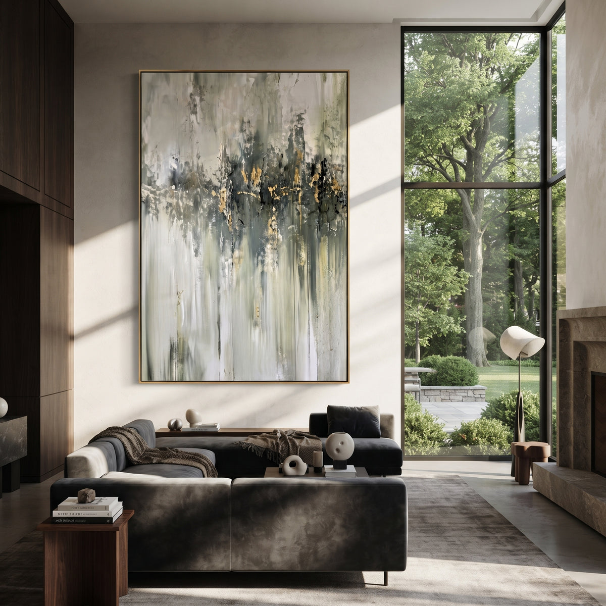 Golden Horizon Falls black gold reflective abstract painting displayed in a styled interior