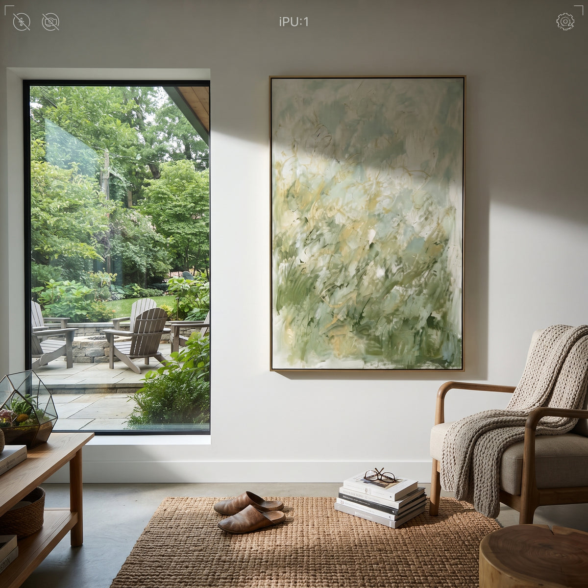 Meadow Dissolves in Light pale sage meadow abstract painting displayed in a styled interior