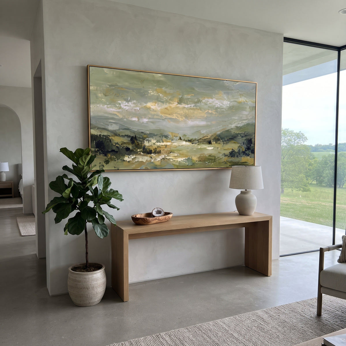 Sage Valley Opens sage green valley landscape painting displayed in a styled interior