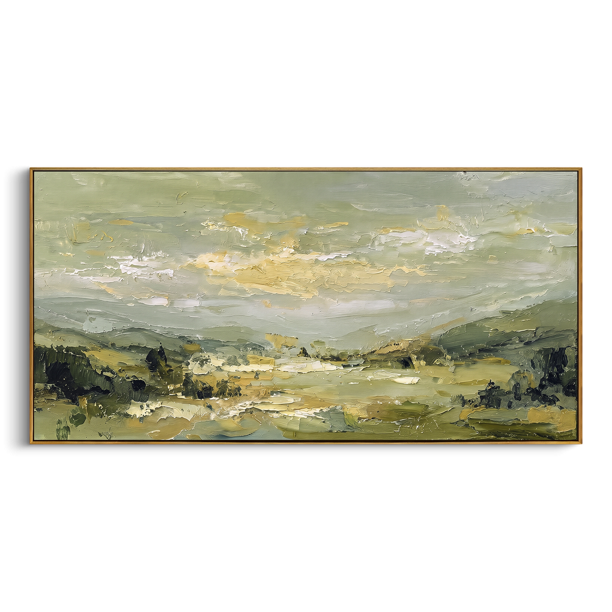 Sage Valley Opens wide panoramic painting in a wood frame on a white background