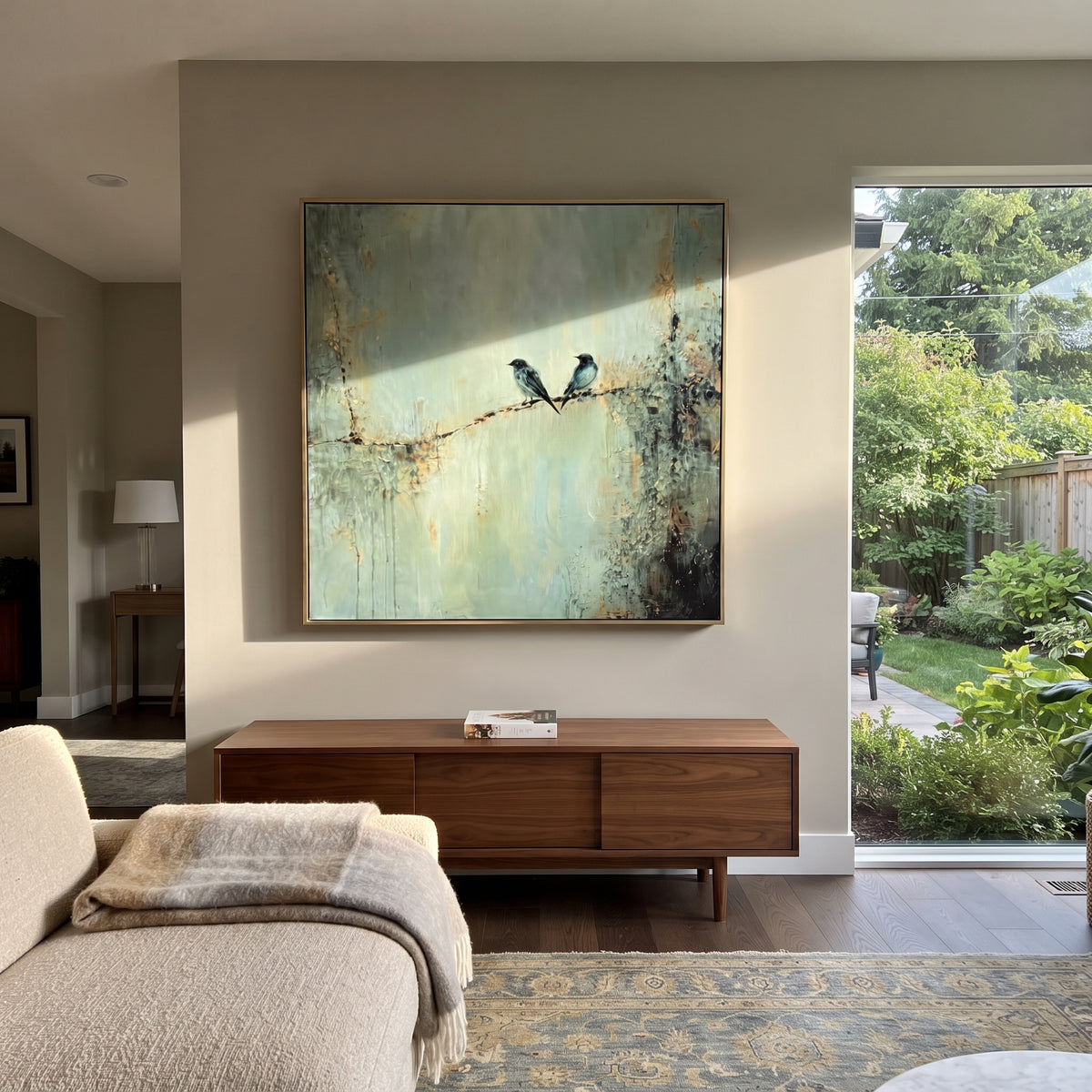 Two Birds Keep Watch sage birds on branch painting displayed in a styled interior