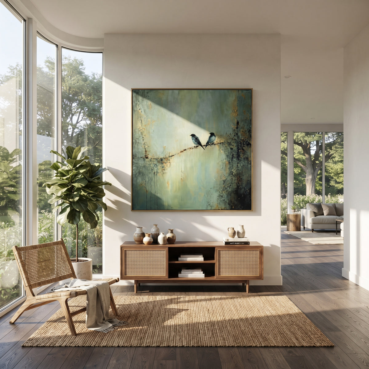 Two Birds Keep Watch wall art shown above contemporary furnishings