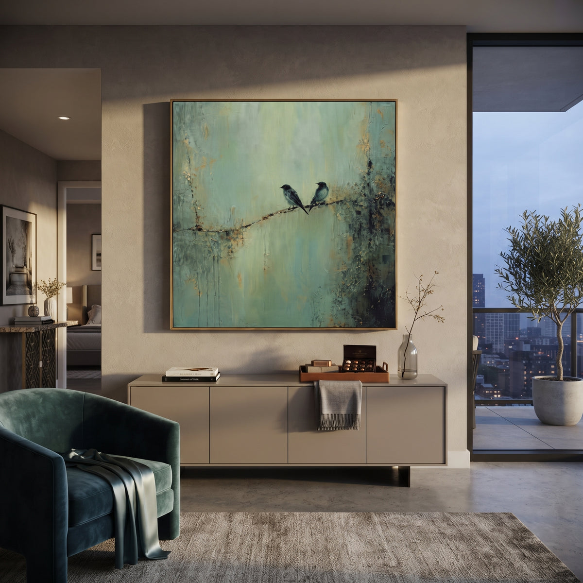 Two Birds Keep Watch painting presented in an alternate room setting
