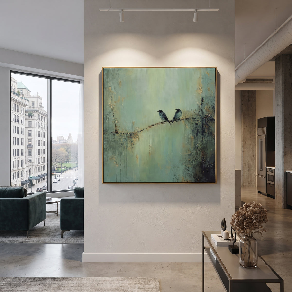 Two Birds Keep Watch artwork styled as a refined interior focal point