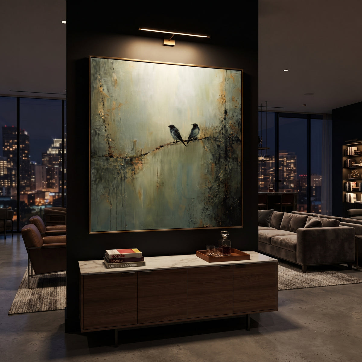 Two Birds Keep Watch displayed with natural materials and quiet decor