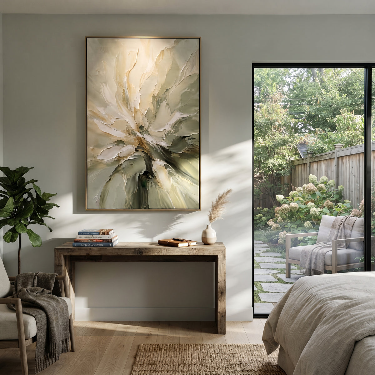 Ivory Flower Turns white sage flower texture painting displayed in a styled interior