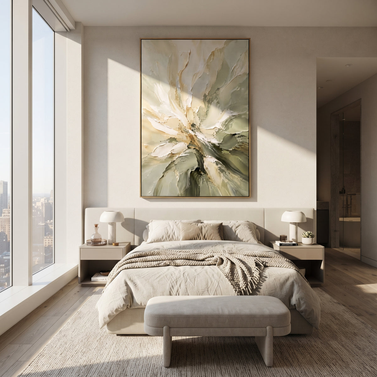 Ivory Flower Turns wall art shown above contemporary furnishings