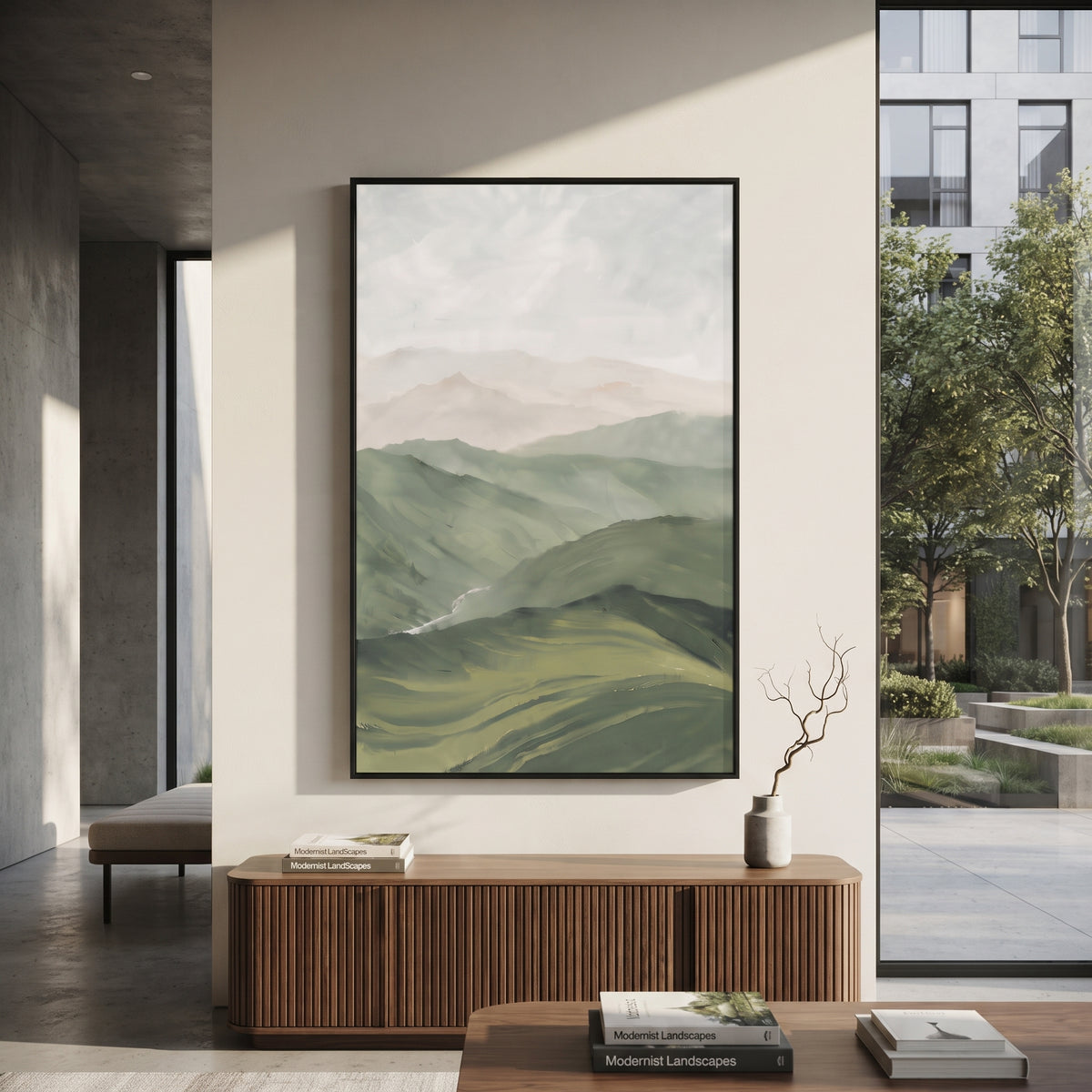 Mountains Fade Into Sage painting presented in an alternate room setting