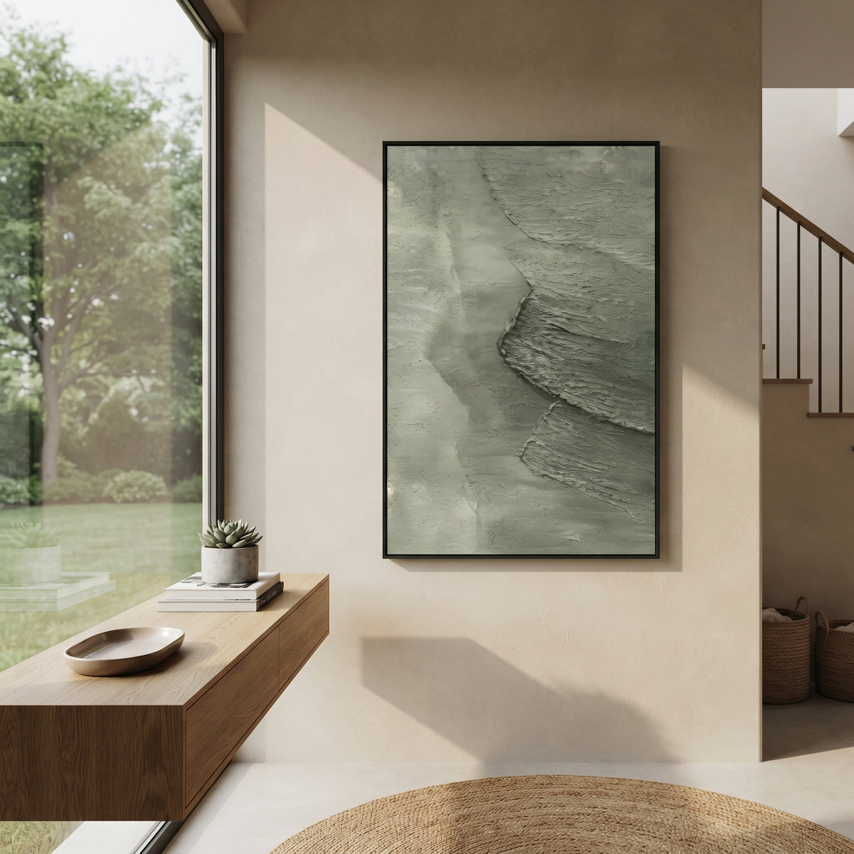 Tide Carves Quiet Stone sage coastal relief painting displayed in a styled interior