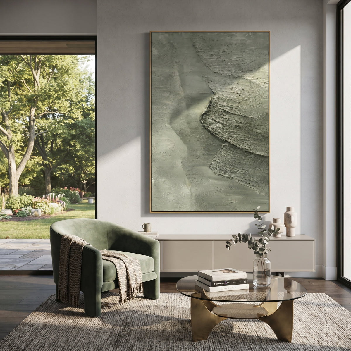 Tide Carves Quiet Stone wall art shown above contemporary furnishings