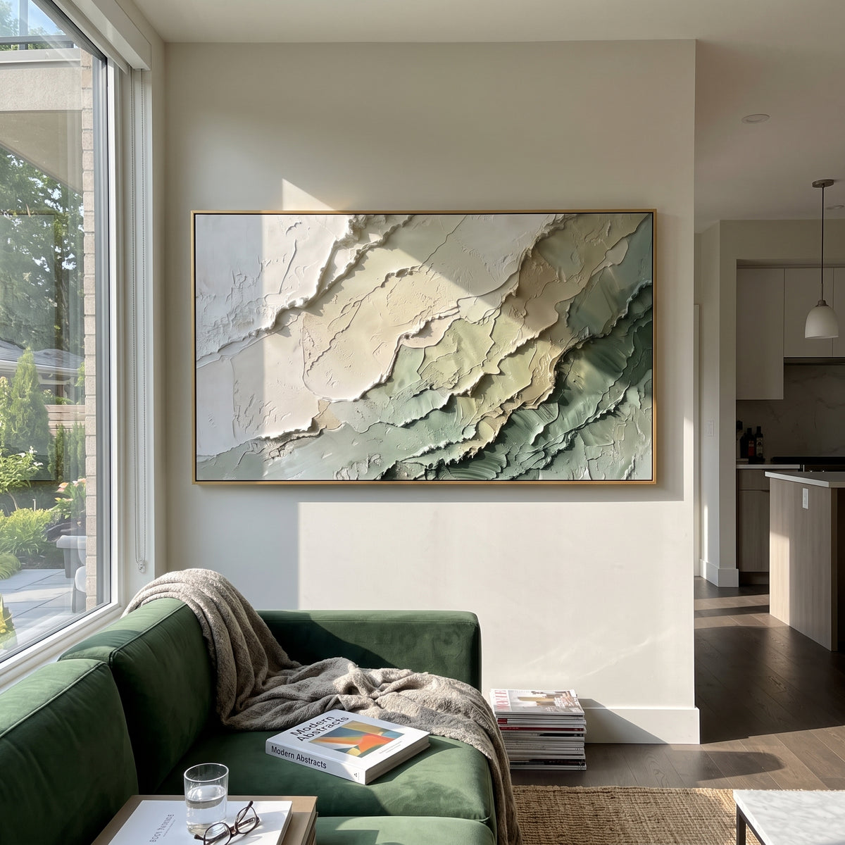 Sage Strata Drift sage ivory layered relief painting displayed in a styled interior