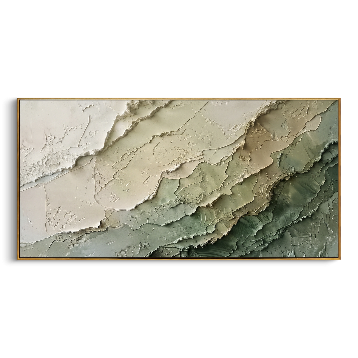 Sage Strata Drift wide panoramic painting in a wood frame on a white background