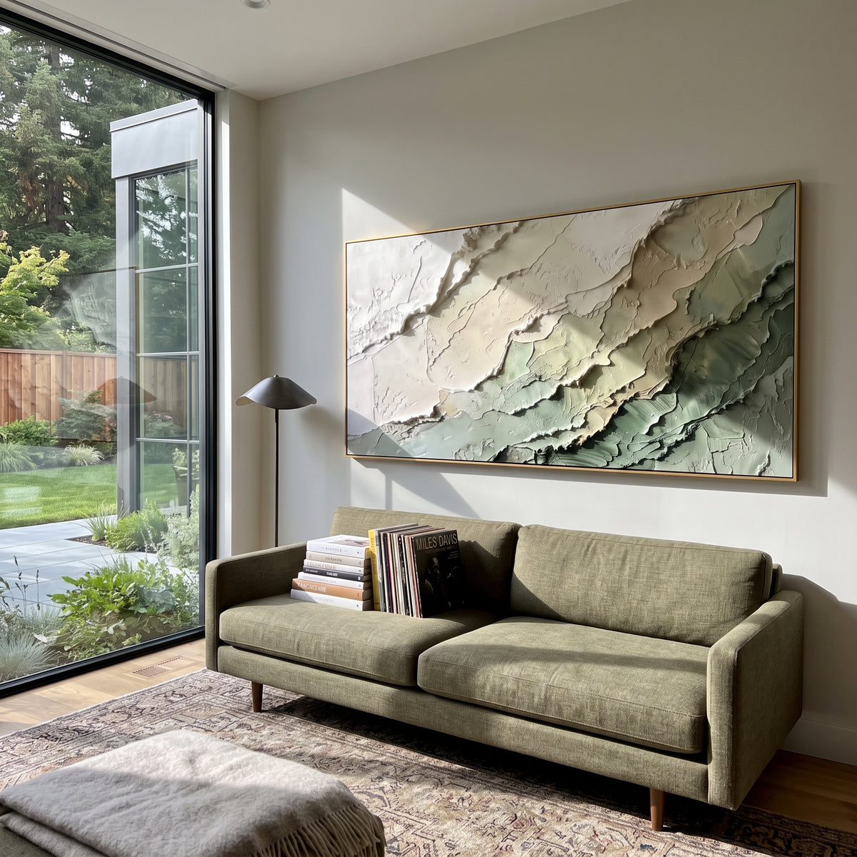 Sage Strata Drift wall art shown above contemporary furnishings
