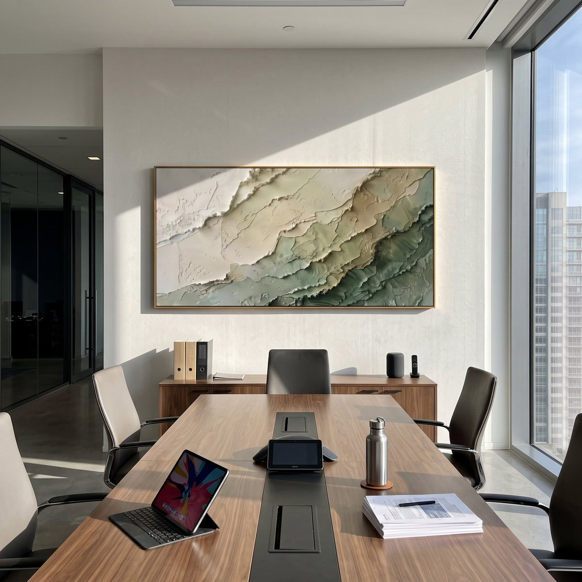 Sage Strata Drift painting presented in an alternate room setting