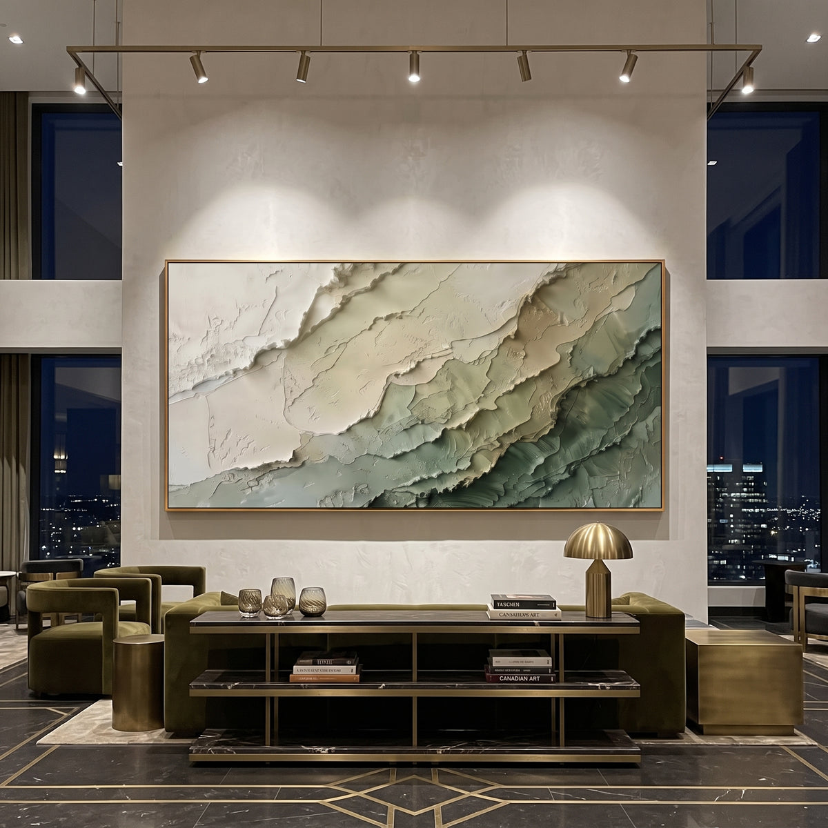 Sage Strata Drift artwork styled as a refined interior focal point