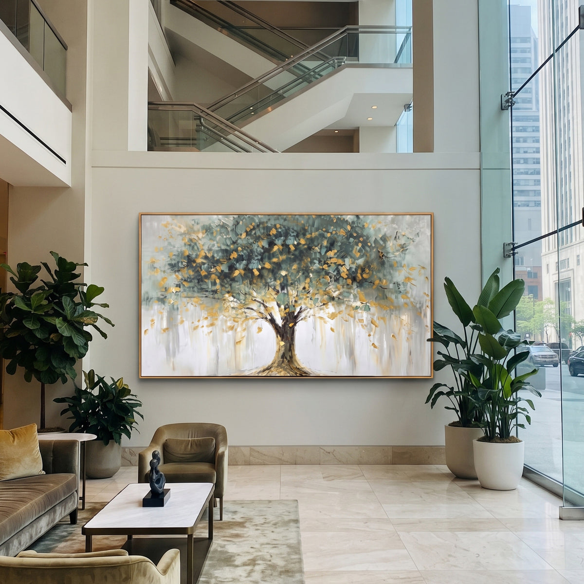 Golden Leaves Hold Still sage green tree painting displayed in a styled interior